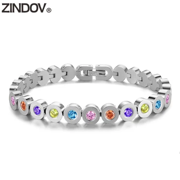 

ZINDOV Colorful CZ Tennis Bracelet For Women Stainless Steel Color Not Fade Fine Jewelry Chain Bracelets Gold Females Ladies New