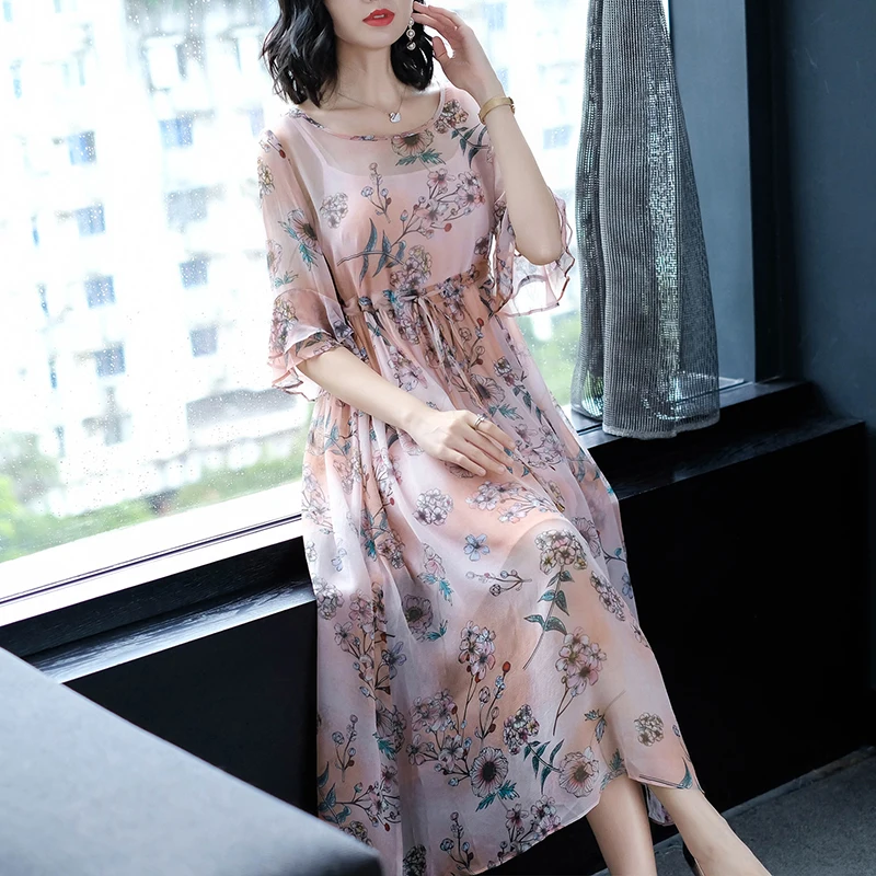 

2018 summer new women silk dresses loose elegant lady party floral high-waist flare sleeved dresses top quality