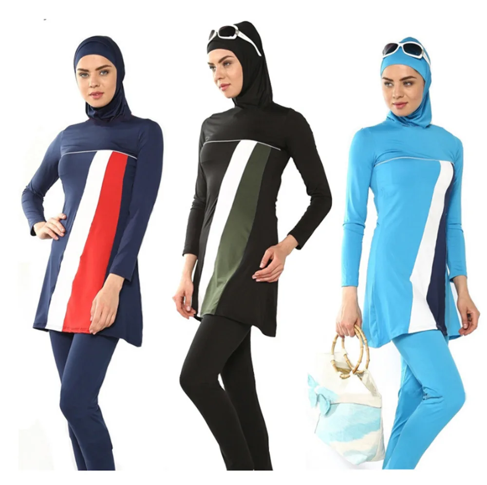 

2019 Modest Muslim Swimwear Women Islam Hit Color Long Sleeve Three Piece Full Cover Islamic Swimsuit Hijab Plus Size Beachwear