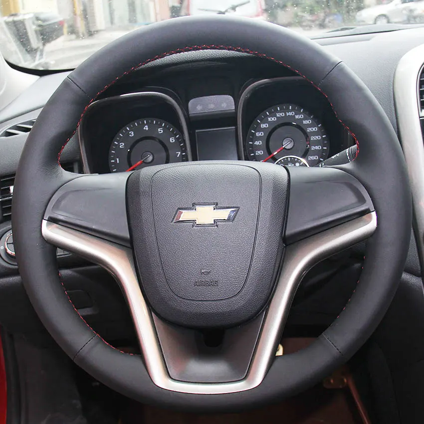 PONSNY Чехлы для рулевого управления автомобиля чехол для Chevrolet Malibu 2011- авто ручная прошивка натуральная кожа крышка колеса черный - Название цвета: Red lines No holes