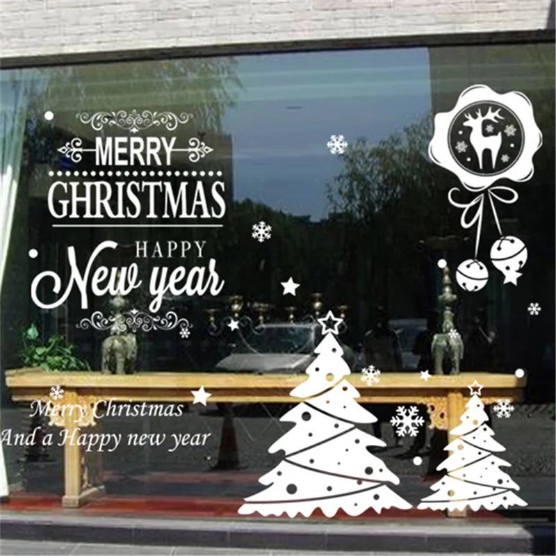 

50x70cm 2019 Merry Christmas Decorations for Home New Year Shop Glass Window White Deers Bell Decorative Stickers Navidad Natal