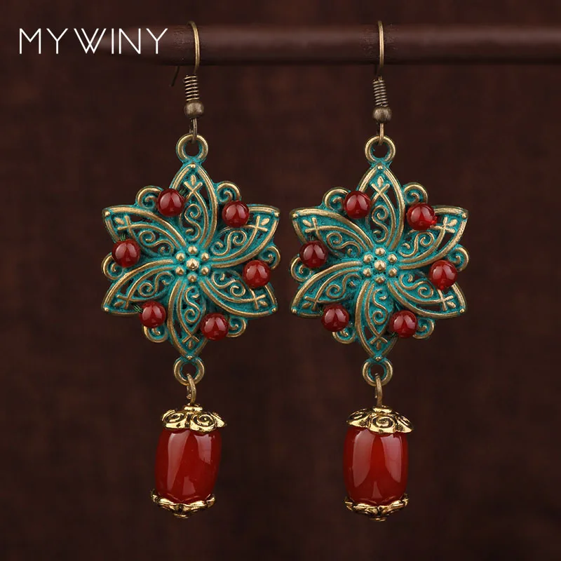 

new handmade metal flowers painting earrings ,New Original nature stones exotic jewelry dangle earrings,