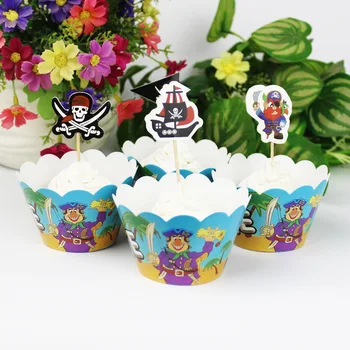 

24pcs Cartoon Fashion Cute Creative Kawaii Pirate Kid Birthday Party Decor Ice cream Cake topper Cup (12 wrap+12 topper)