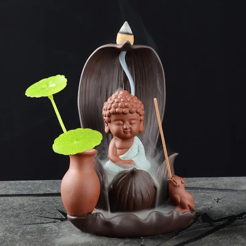 Small Buddha Backflow Incense Burner Lotus Flower Little Monk Censer