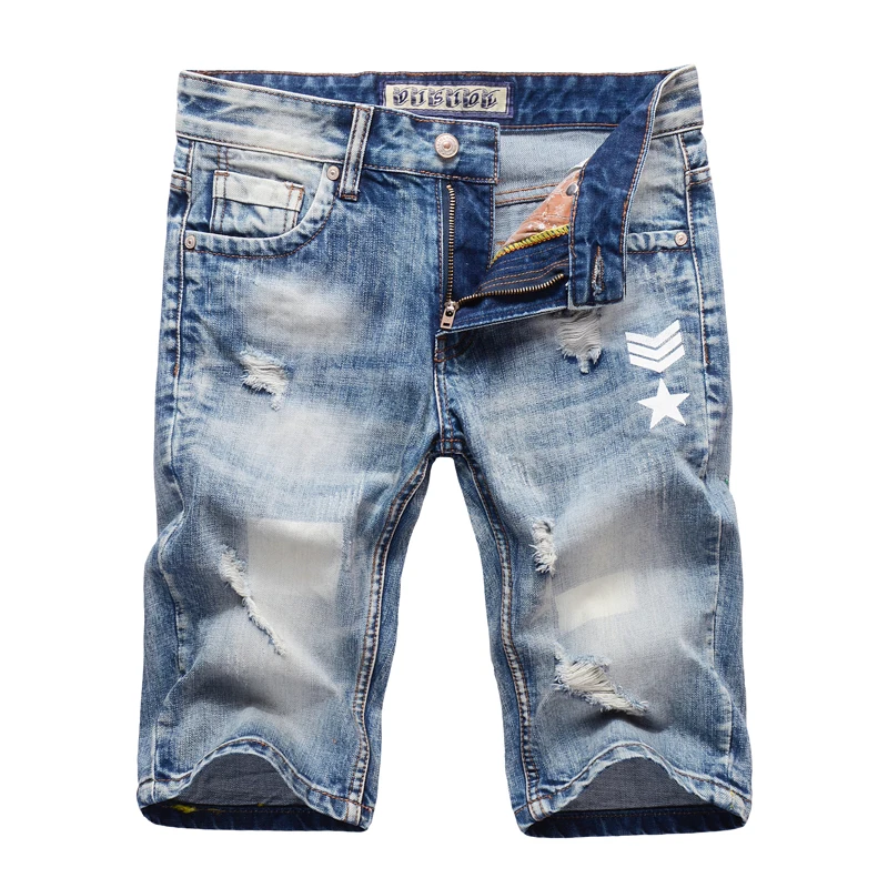 

Summer Streetwear Men Short Jeans White Washed Ripped Jeans Men Denim Shorts Printed Designer Fashion Hip Hop Jeans Shorts Homme