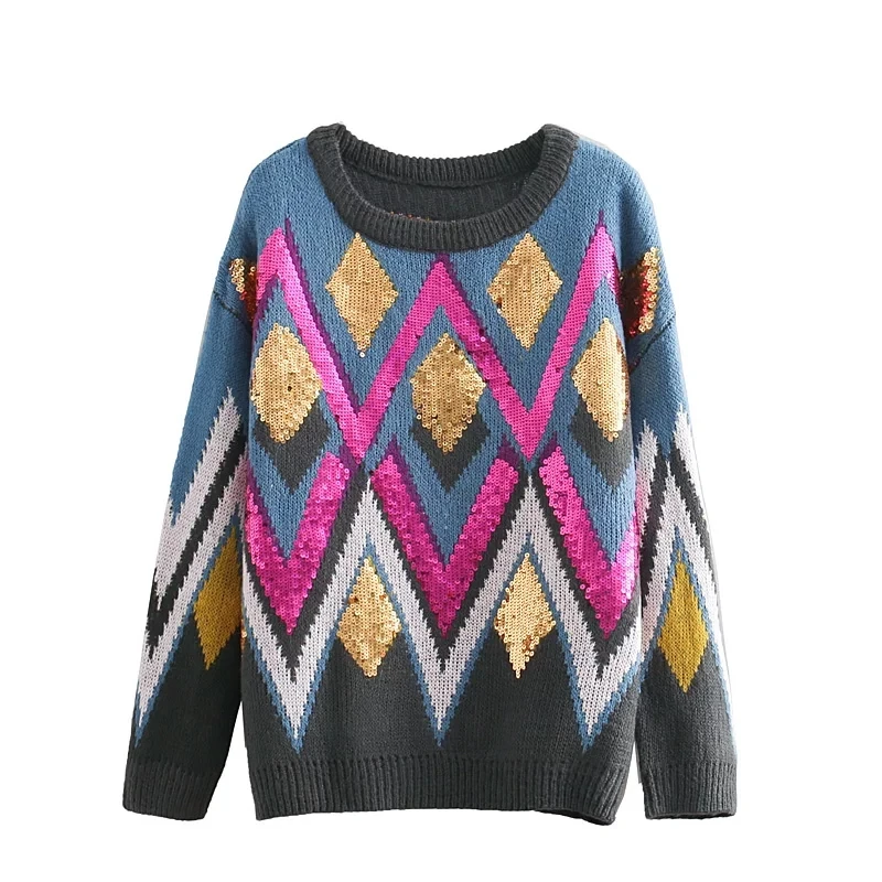 

Qooth Women 2019 Summer Sweater and Pullovers Vintage Geomertric Pull Jumpers Argyle Sweet Loose Sweater O neck Top Chic QH1812