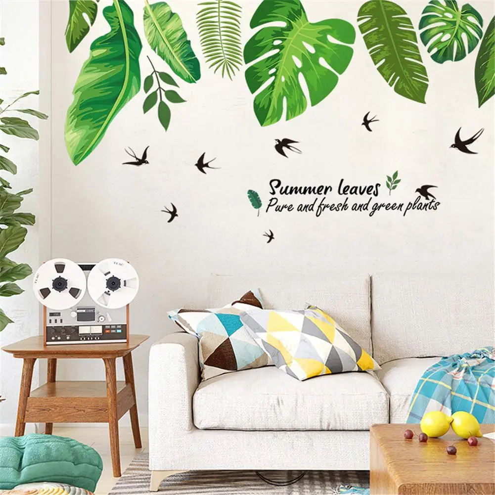 Home Tropical Jungle Green Leaves Wall Sticker Decoration Living Room Restaurant Seaside Plant Swallow Art Wall Mural Decal