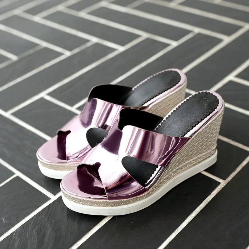 Big Size 33-43 Summer Woman Shoes Platform Metallic Leather Pink Slides Wedge Beach High Heel Slippers For Women Blue Lady Shoes (6)