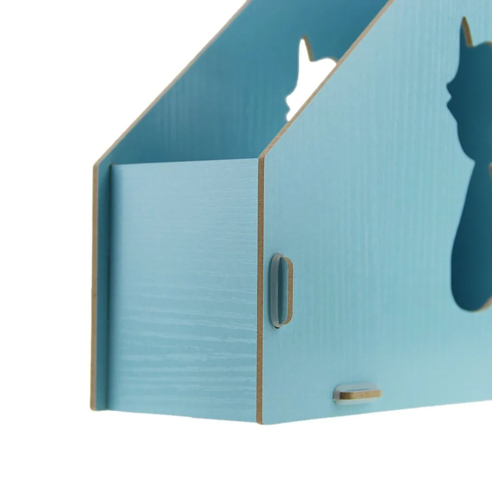 Cute Cat Hollow Out DIY Wooden Magazine Holder Desktop Books Organizer Office File Collector (Light Blue)