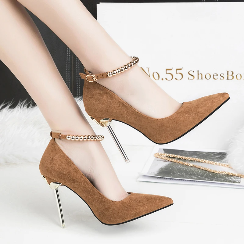 2019 Women 10cm High Heel Metal Chain Pumps Lady Sexy Pointed Toe Wedding Bridal Strap Pumps Female Scarpins Green Brown Shoes