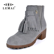 Lemai зимние ботинки ботильоны на толстом каблуке с острым носком Короткие женские сапоги женские кожаные ботинки размер#36-43