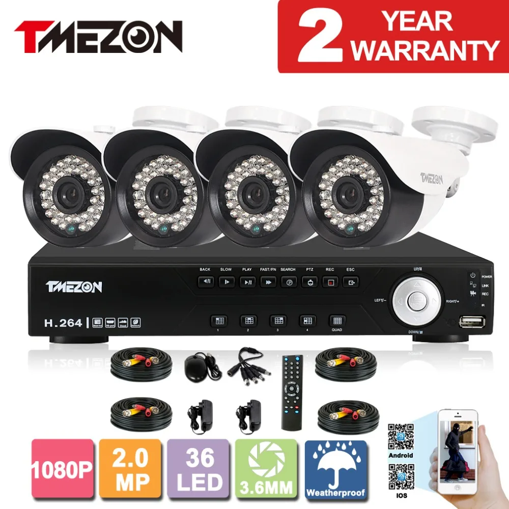 Tmezon AHD 4CH 4pcs 2.0MP 1080P CCTV Security System Day Night Waterproof IR Camera Alarm Systems Security Home Diy 1TB 2TB Kit