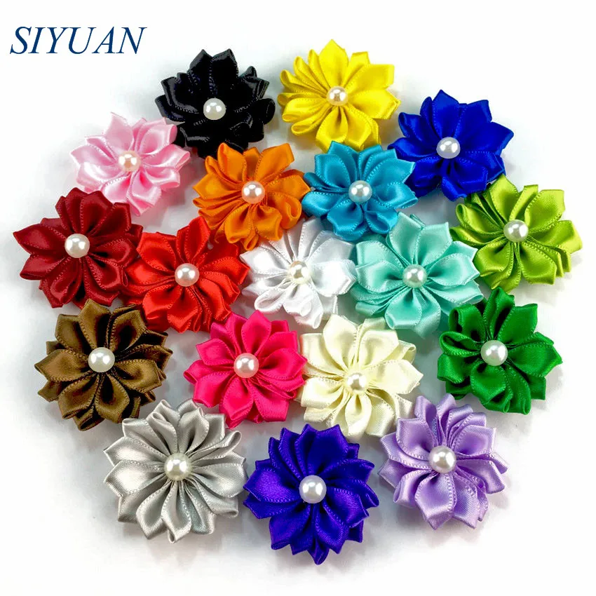 

50pcs/lot 1.6'' Fabric Satin Flower with Pearl 16 Petals Fashion Appliques Sewing Wedding Garment Accessories TH281