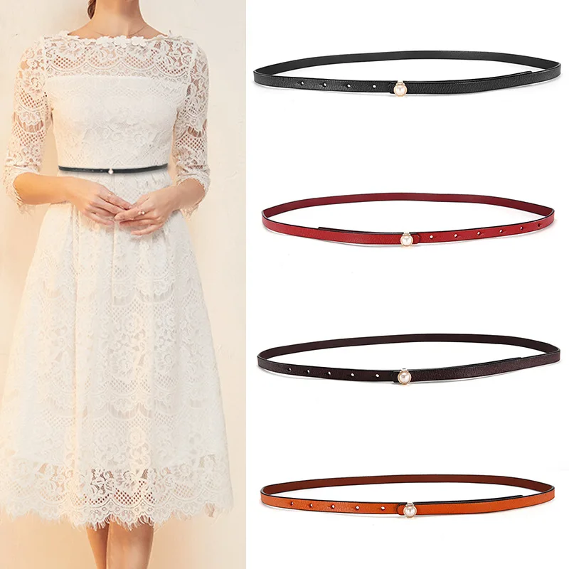 

1cm Thin Style Women Cowskin Decorative Belt Female Fashion Luxury Genuine Leather Pearl Smooth Buckle Belts For Dress cinturon