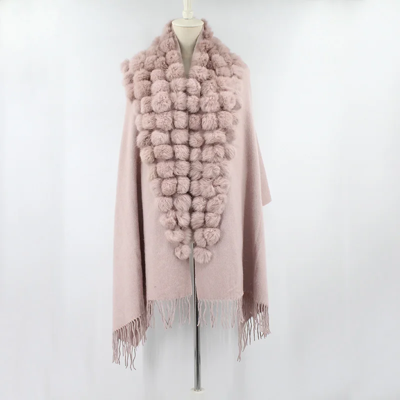 100% sheep fur cashmere shawl with real rabbit fur balls (7)