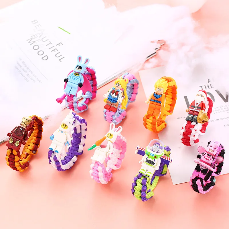 

Cute Buzz Lightyear Batman Super Saiyan Figures Doll Building Block Charms Bangle Paracord Rope Weave Bracelet for Child Gift