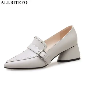 

ALLBITEFO fashion rivets full genuine leather high heels women shoes British style women high heel shoes women heels girls shoes