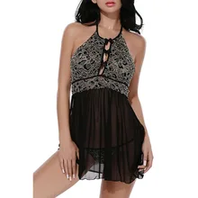 Вышивка эротическое сексуальное женское нижнее белье, пижамы, Для женщин нижнее белье Ночное белье Lenceria, кружевное платье с лямкой на шее с вырезом и бантом костюмы Babydoll Nuisette