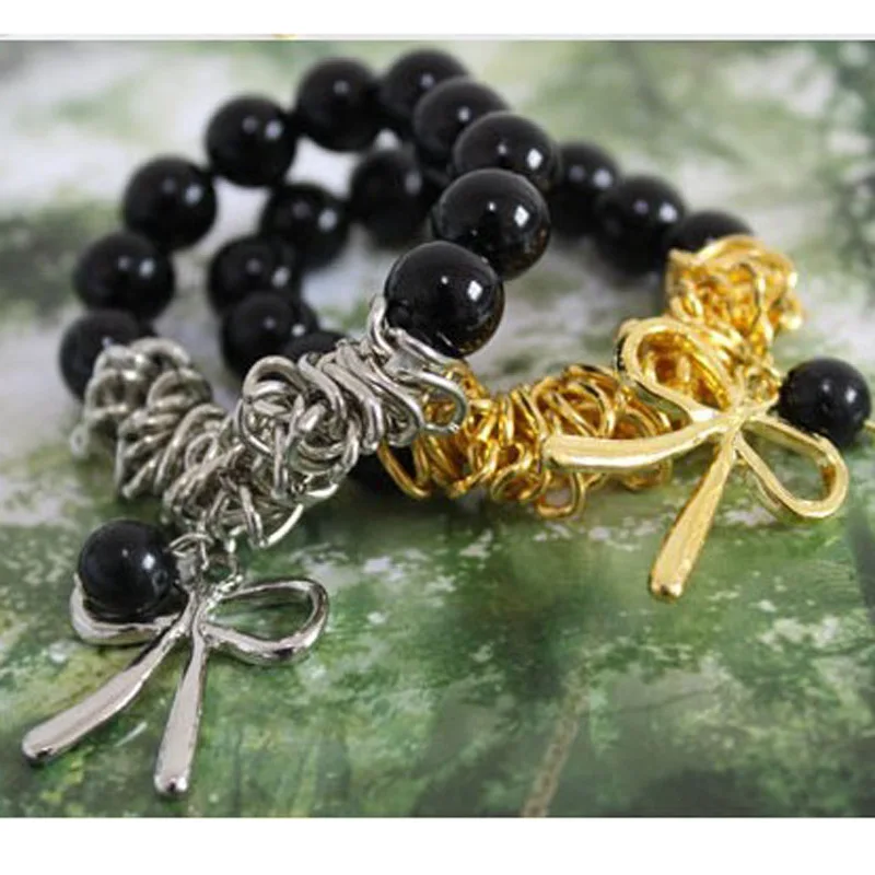 2016Hot Sale Factory Simulated-Pearl White Black Beads Beautiful Silver Golden Butterfly Knots Stretch Bracelets &amp Bangles #4118 |
