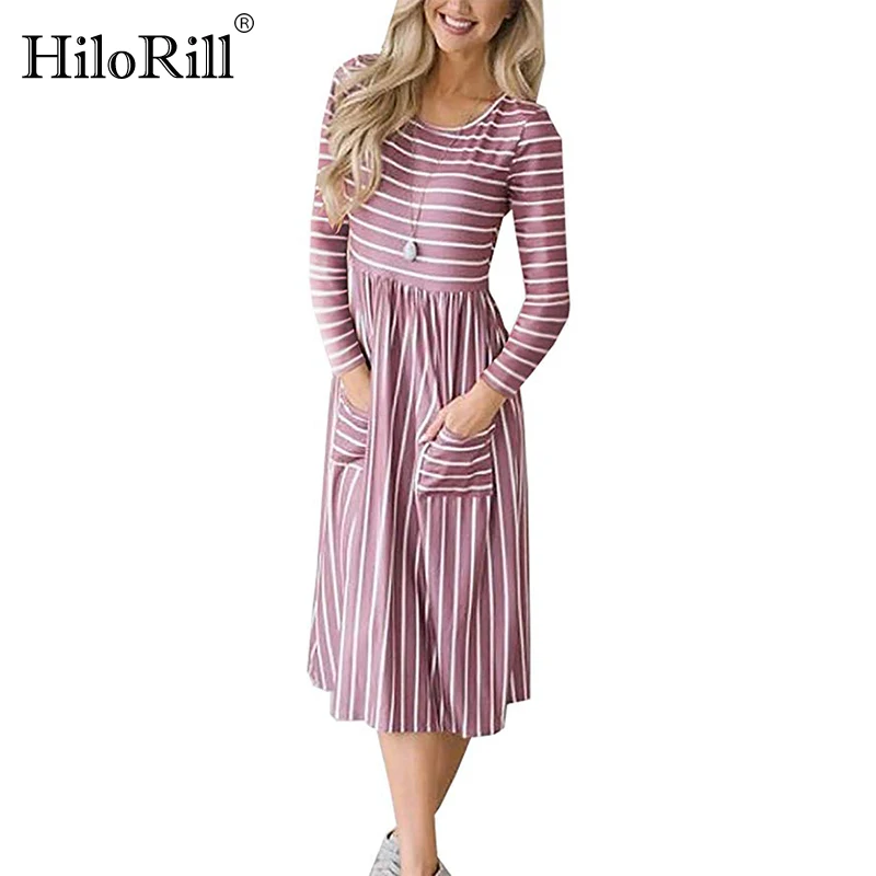

Striped Dress 2019 Autumn New Arrive Long Sleeve O Neck Women Dresses Casual Pockets Midi Work Dress Streetwear Vestidos Mujer