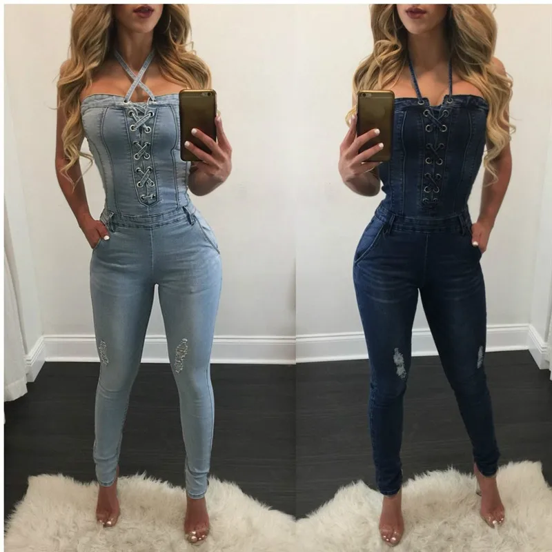 lace up denim romper