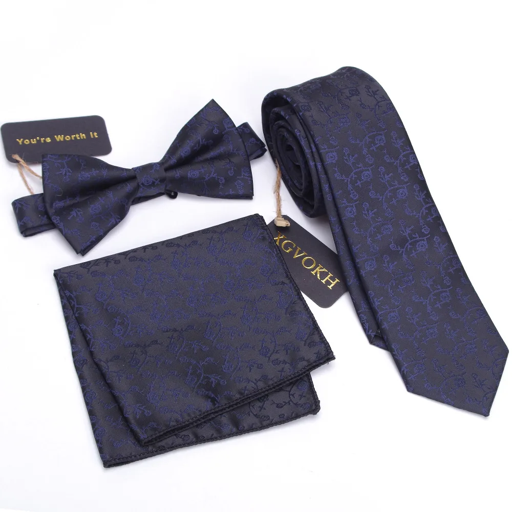 3 PCS Men NeckTie Set Bowtie Slim Necktie Slim Skinny Narrow Tie dress Handkerchief Pocket Square Suit Set