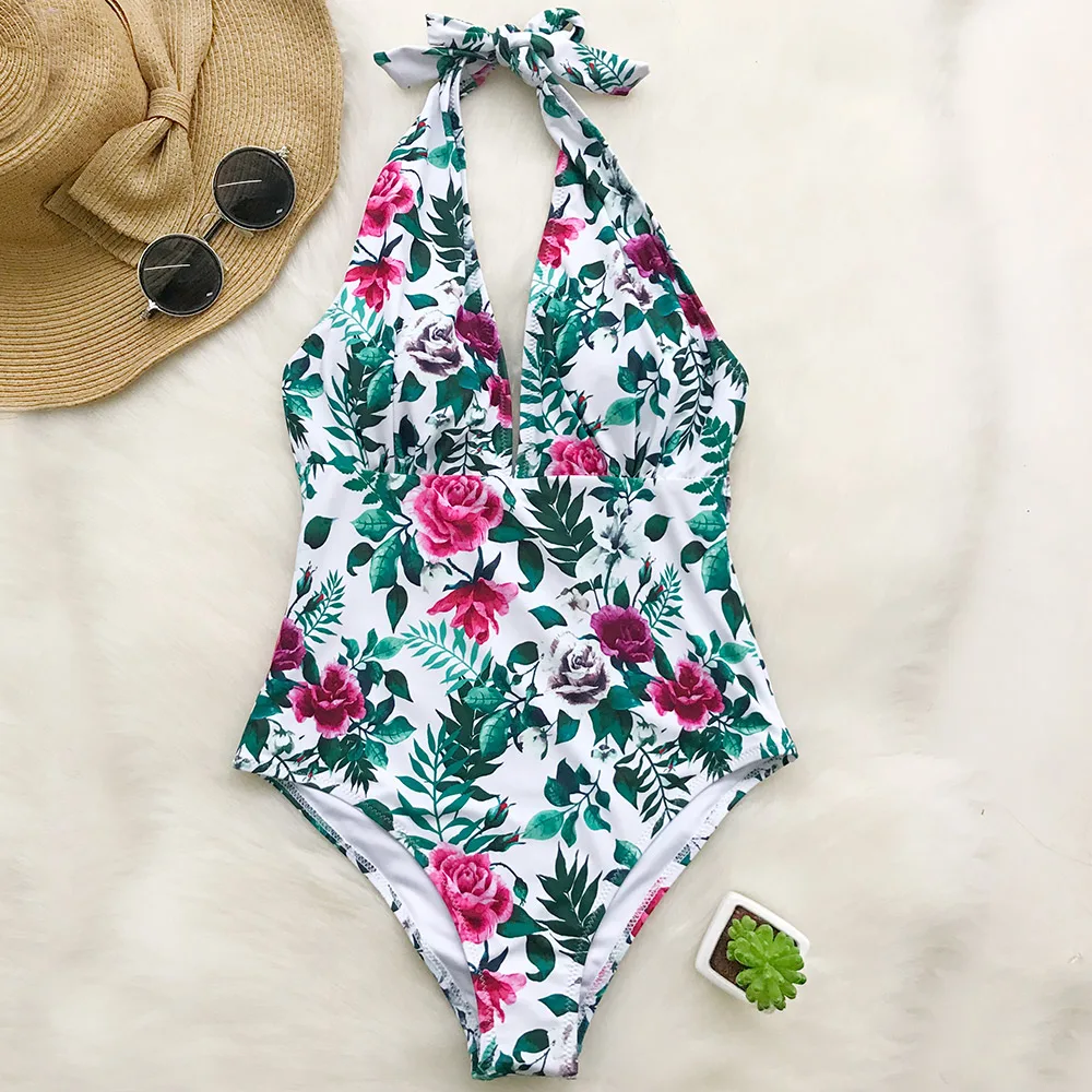 

Cupshe Smell The Day Halter One-piece Swimsuit Deep V neck Summer Sexy Bikini Set Ladies Beach Bathing Suit Swimwear