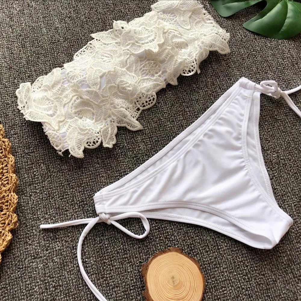 White tube top lace flower split swimsuit 2 piece set women swimming suit Solid color strap flowers beach swimwear Y-NEW HTB1dtmCt29TBuNjy0Fcq6zeiFXaS - White tube top lace flower split swimsuit 2 piece set women swimming suit Solid color strap flowers beach swimwear Y-NEW
