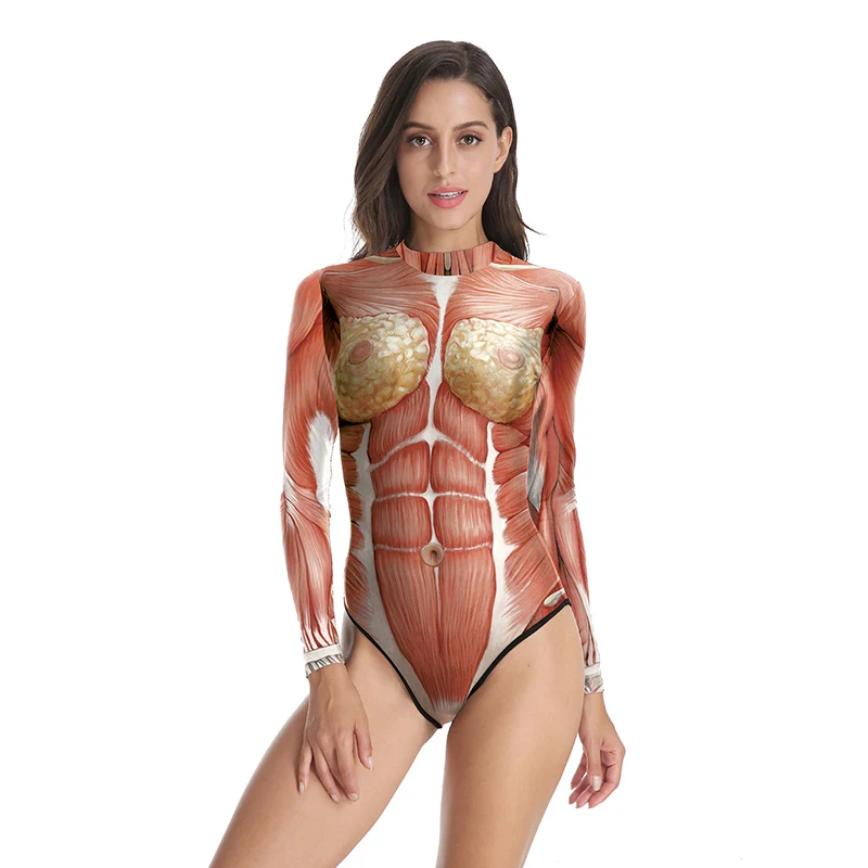 3D Печатный длинный рукав O-Neck Skinny Bodysuit 2019 Лето Женщины человеческие внутренние органы стиль сексуальное боди повседневный комбинезон