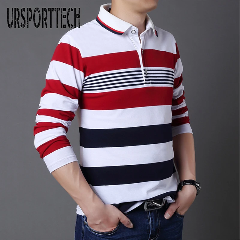 

URSPORTTECH Spring Autumn mens polo shirt men 2019 Brands Cotton Striped Lapel long sleeve polo shirts men polos Plus Size 5XL
