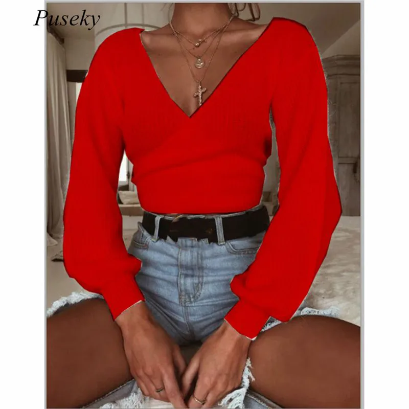 

new autumn winter Women sweater V neck cross knitted winter sweater women long sleeve pullover female V neck black green white