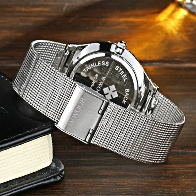 WWOOR тонкие мужские часы роскошные кварцевые наручные с датой 50 м