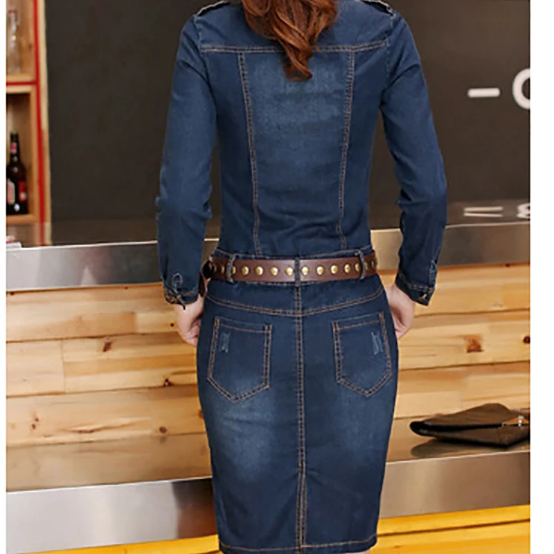 Autumn Size 2XL Fitted Denim Jean Dress With Belt Women Sheath Stand Collar Long Sleeves Dresses Vestidos Causal Dress