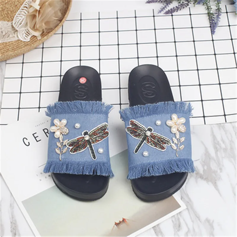 Fashion Women Denim Slippers Cotton Fabric Shoes dragonfly Ladies ...