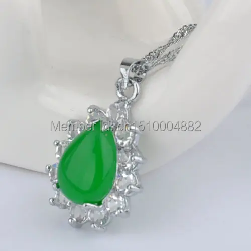 

shitou 00351 5pc Women Silver Plated Green Jade Teardrop White Crystal Necklace Pendant Jewelry