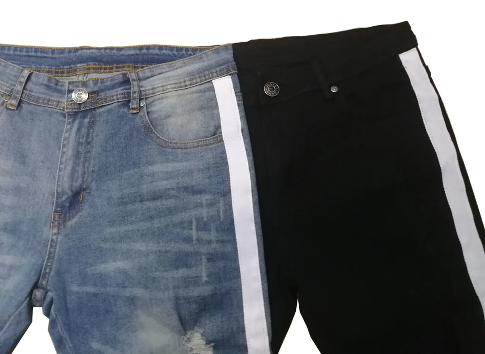 Модные мужские джинсы стрейч обтягивающие рваные джинсы с полосой сбоку Y5035