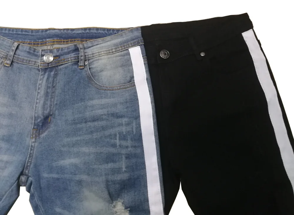 Fashion Men Jeans Stretch Skinny Ripped Jeans With Stripe Side Y5035