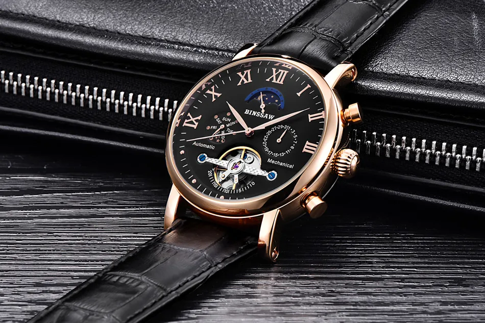 BINSSAW Мужские автоматические механические турбийон часы модные роскошные брендовые кожаные часы с календарем стальные спортивные часы Relogio Masculino