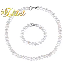 ZHIXI Ювелирные украшения с жемчужинами для Для женщин Естественные пресноводные 9-10 мм Жемчуг Цепочки и ожерелья браслет белый камень Бусины Юбилей подарок T205