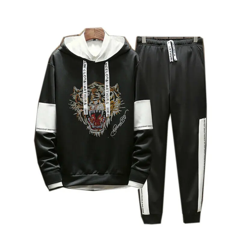 

Men Hoodie TrackSuit Sport Jacket Suit Set Trousers Pants Bead Sequin Leopard
