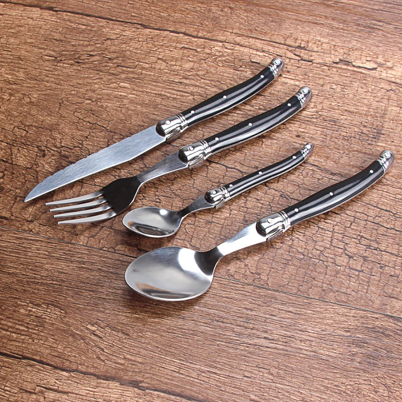 4 8 16 24pcs Stainless Steel Dinnerware Set Restaurant Cutlery Tableware Set Black ABS Handle Dinner Knife Fork Teaspoon Sets (15)