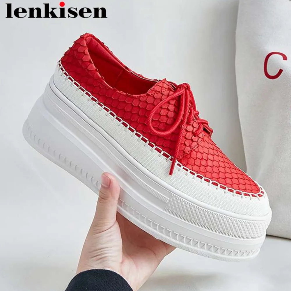

2019 new fashion cow leather thick high bottom platform lace up round toe sneakers fish-scale grain woman vulcanized shoes L67