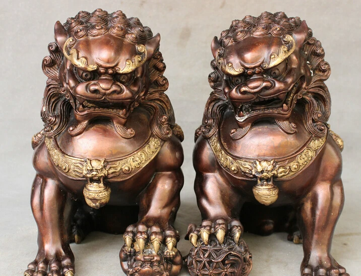 

bi002792 11" Folk Chinese Pure Bronze Gilt Palace Guard Foo Fu Dog Lion Ball Statue Pair