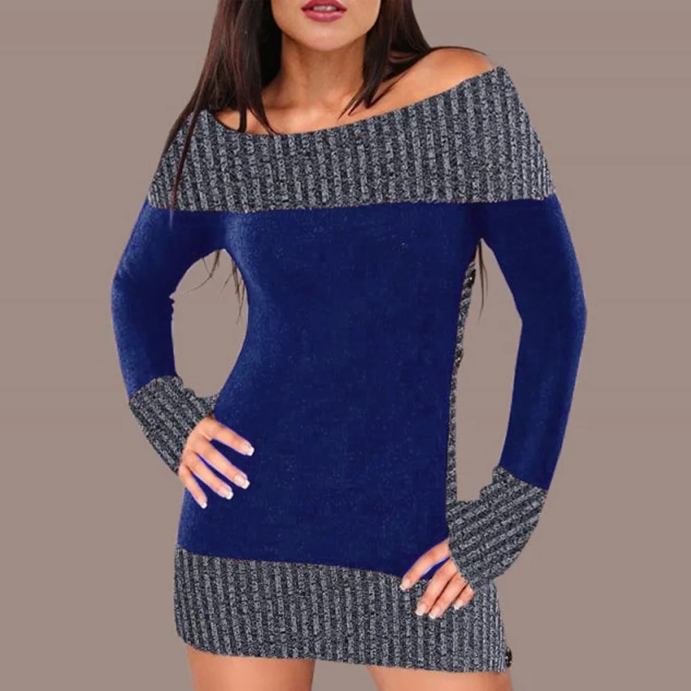 Зимний свитер Mujer женский сексуальный свитер с открытыми плечами с цветными блоками платье с пуговицами вязаный длинный пуловер Топ