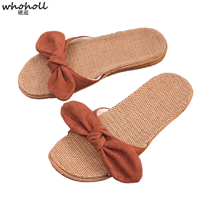 

WHOHOLL Fashion Linen Home Flip-flops Slipper Summer Cool Sweet Bow Sweat Non-slip Beach Slipper Comfortable Indoor Women Shoes