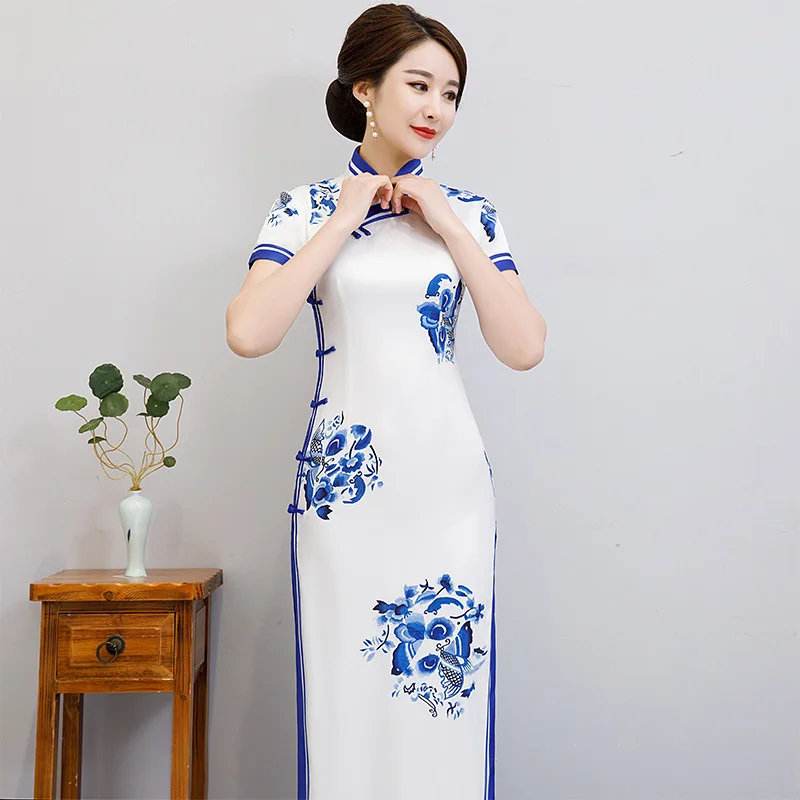 Белое Стильное женское длинное платье Классический китайский стиль Qipao сценическое шоу элегантный женский ручной работы Кнопка Cheongsam Плюс Размер M-3XL