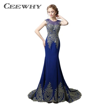 

CEEWHY Blue Robe De Soiree Formal Trumpet Dress Embroidery Evening Dress Long Elegant Court Train Prom Dress abendkleider