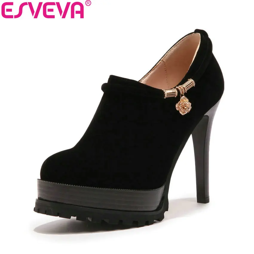 

ESVEVA 2018 Women Pumps Zippers Western Style All Match Shoes Round Toe Suede Thin High Heel Platform 3cm Women Shoes Size 34-43