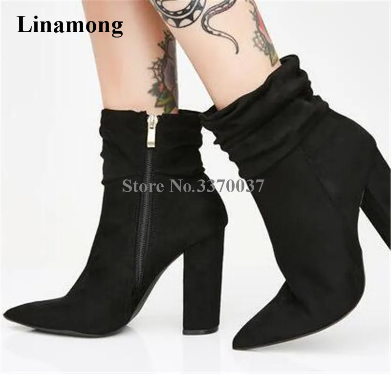 

Women Fashion Pointed Toe Suede Leather Chunky Heel Short Boots Black Beige Side Zipper-up Thick High Heel Ankle Booties