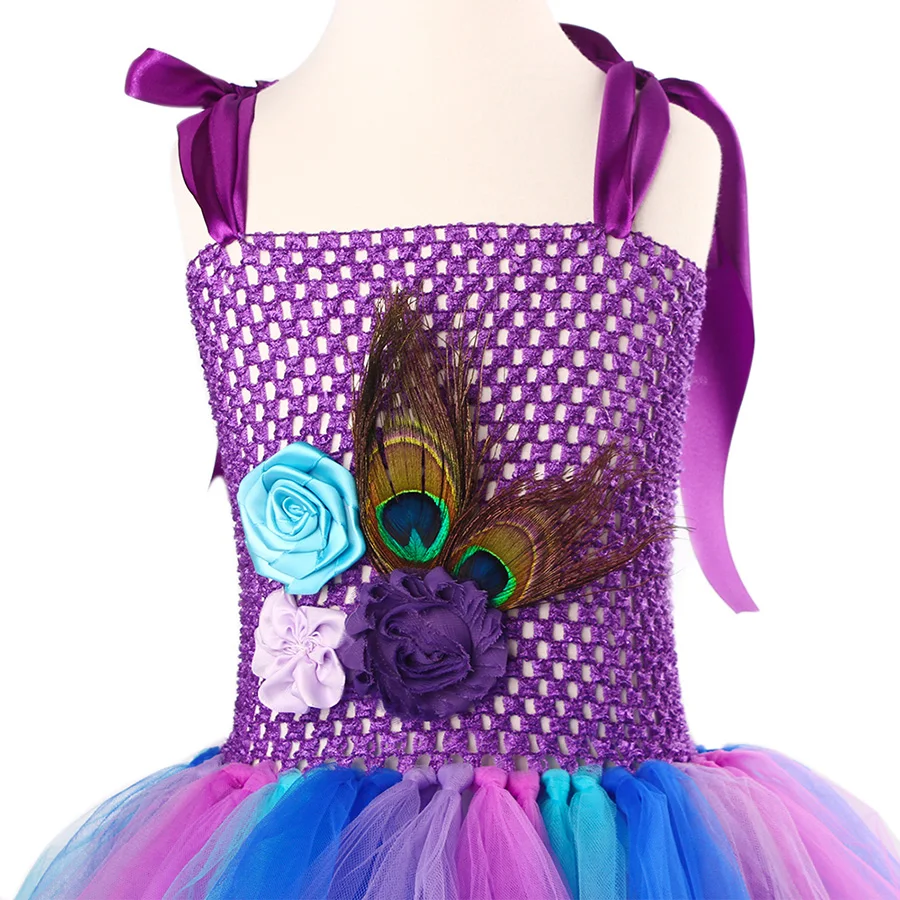 Kids Peacock Feather Halloween Purim Tutu Dress with Hair Hoop Flowers (15)